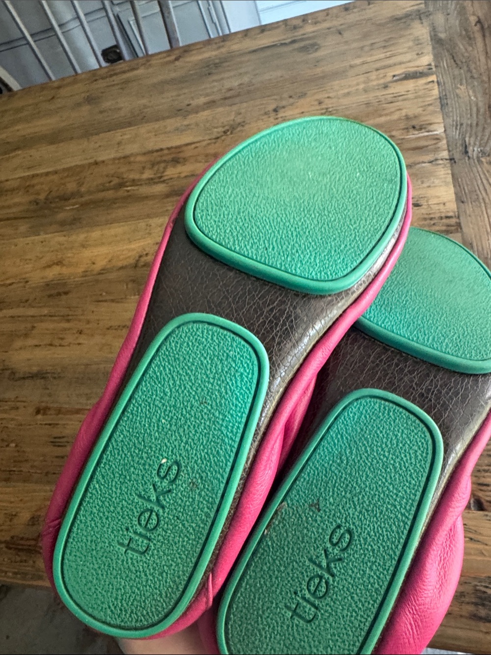 Women's Pink Leather Ballet Flats with Turquoise Heel Tab - Picture 8 of 8